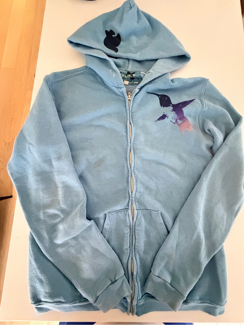 Y2K Blue Hooded Zip Jacket with Hummingbird Graphic